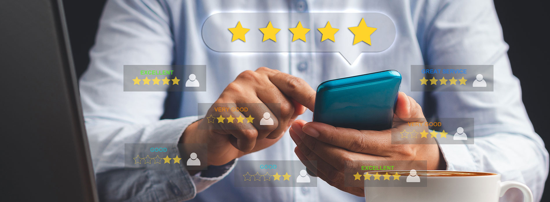 The image shows a person using a smartphone with multiple star ratings displayed on the screen, suggesting positive feedback or reviews.