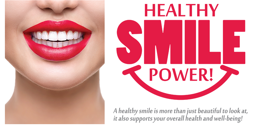 The image features a graphic design with text that reads  HEALTHY SMILE POWER  and includes a stylized representation of a smiling face with red lipstick, set against a white background. The style is promotional and informative.